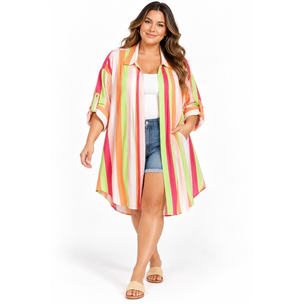 Torrid Oversized Kimono Shirt Asher Stripe Impatiens Size 2 2X Open Front